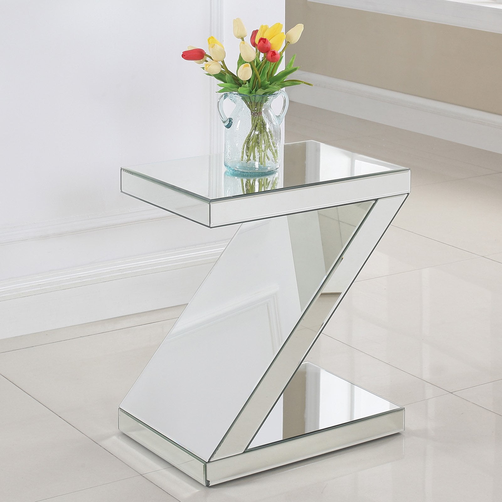 Zee Mirrored Glass and Wood Rectangular End Table