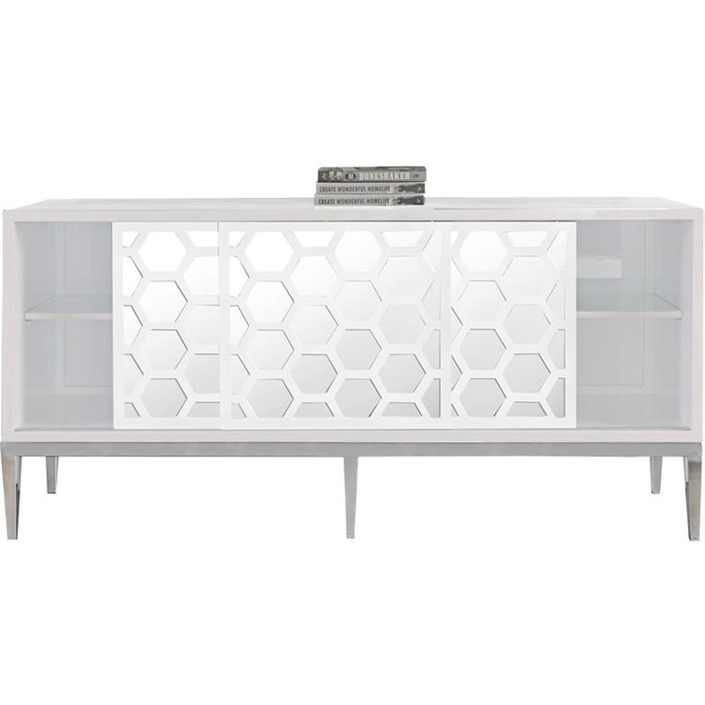 Zoey White Lacquer Mirrored Sideboard with Stainless Steel Legs