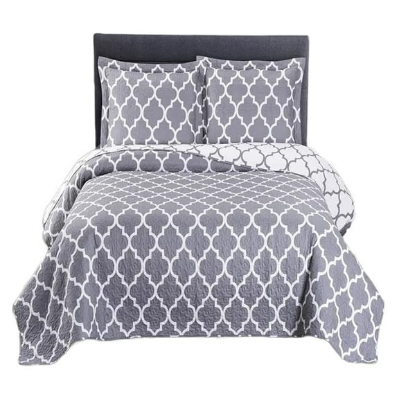 Meridian Grey Full/Queen Quilt Set 3pc - Oversized Microfiber Coverlet - Lightweight Bedspread - Geometric Printed - All Season