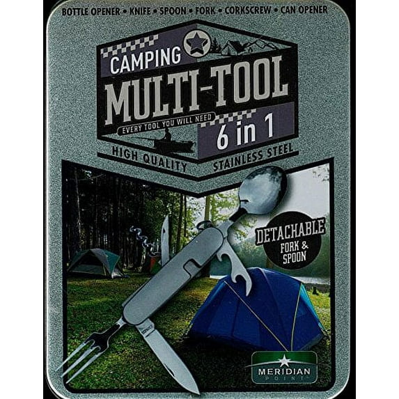 Meridian Stainless Steel 6 in 1 Camping Multi-Tool Bottle Opener Knife Spoon Fork Corkscrew Can Opener