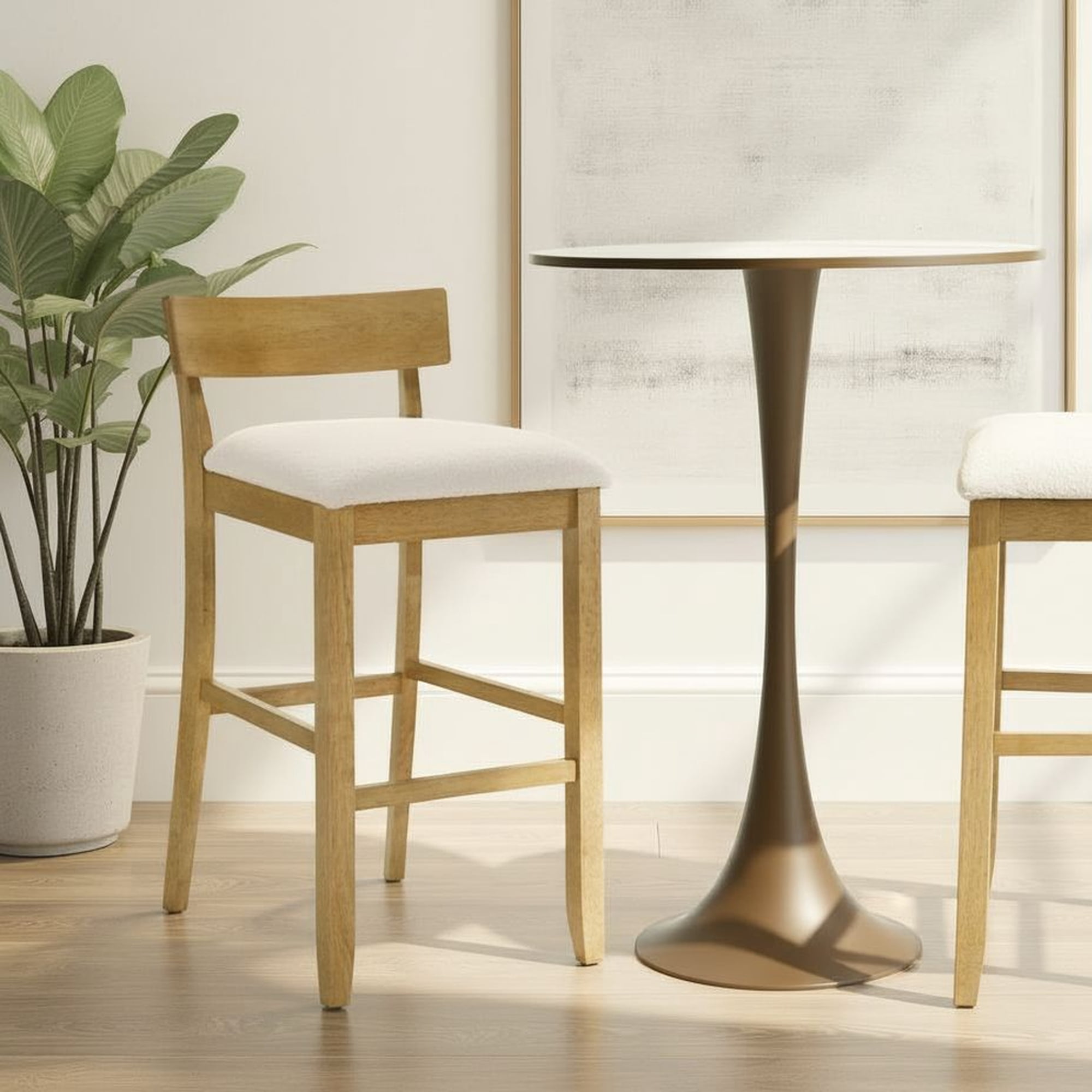 Merie Modern Transitional Wood Bar Height Kitchen Bar Stool in Amber Glow Finish with White Boucle Fabric Upholstered Seat