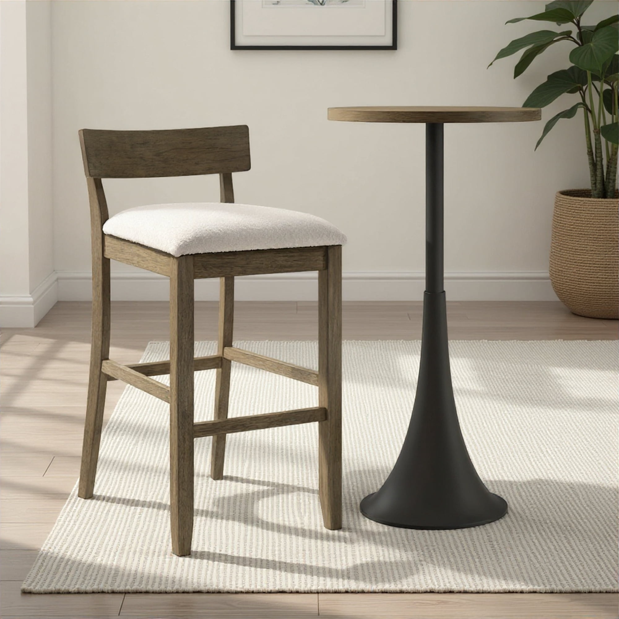 Merie Modern Transitional Wood Bar Height Kitchen Bar Stool in Putty Brown Finish with White Boucle Fabric Upholstered Seat
