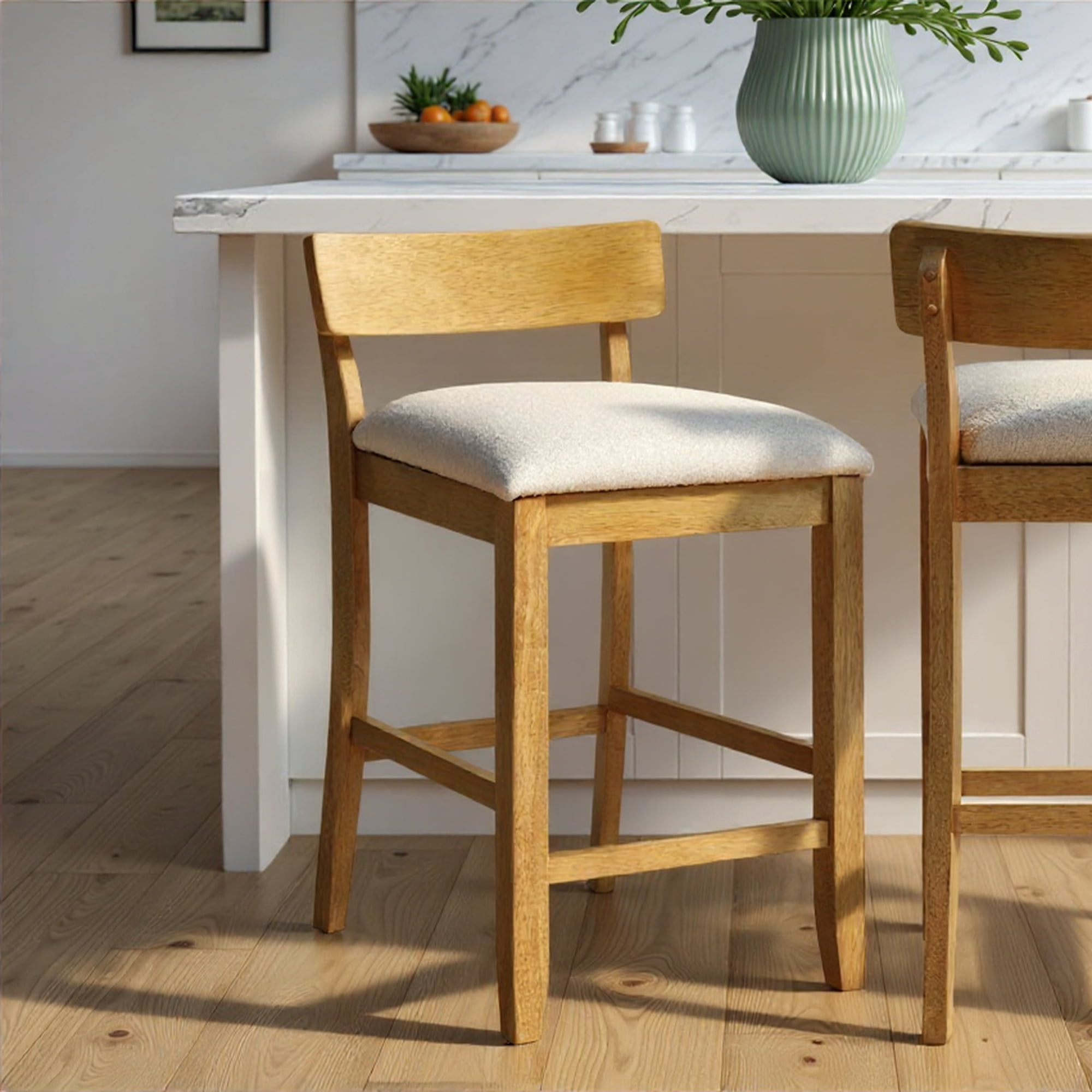 Merie Modern Transitional Wood Counter Height Kitchen Bar Stool in Amber Glow Finish with White Boucle Fabric Upholstered Seat