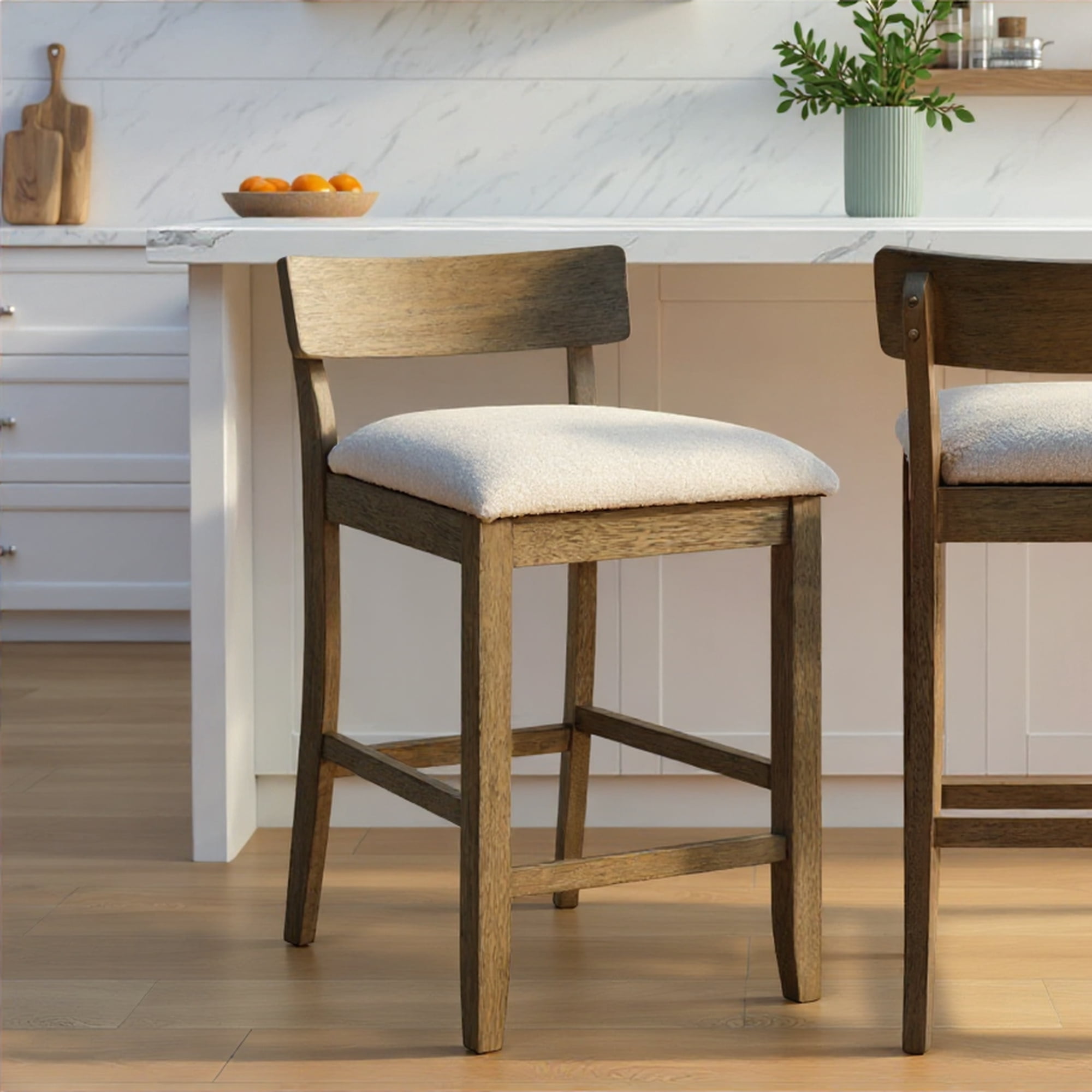Merie Modern Transitional Wood Counter Height Kitchen Bar Stool in Putty Brown Finish with White Boucle Fabric Upholstered Seat - Set of 2