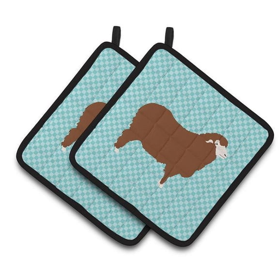 Merino Sheep Blue Check Pair of Pot Holders - Blue
