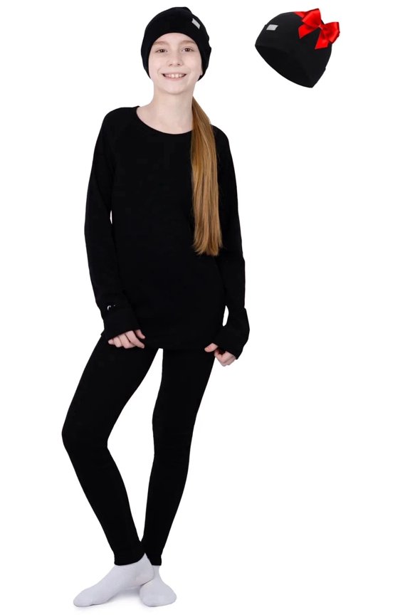 Merino Wool Base Layer Kids Set - Midweight Unisex Merino Wool Thermal Underwear For Kids Top, Bottom, Cuff Beanie (Large, Black)