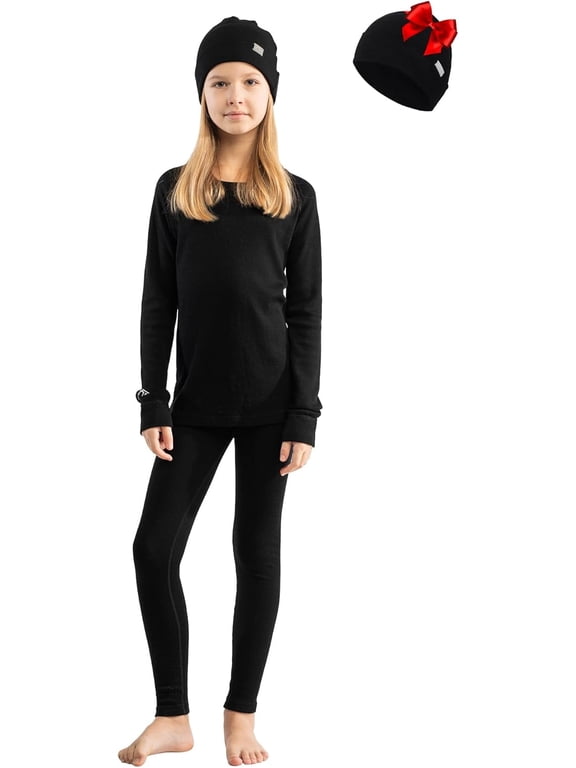 Merino.tech Kids' Merino Wool Base Layer Set with Cuff Beanie, Black, Size XL