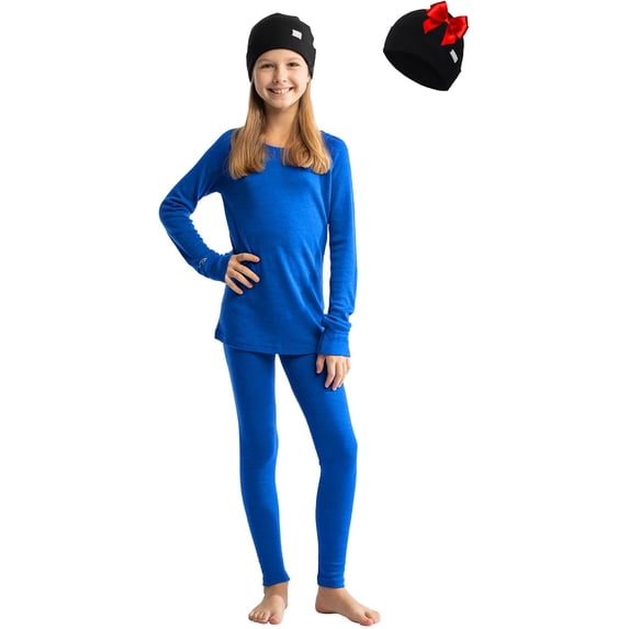 Merino.tech Kids Merino Wool π πΆπ±ππ²πΆπ΄π΅π Base Layer Set Unisex Thermal Underwear Top Bottom and Cuff Beanie (X-Large, Cobalt Blue)