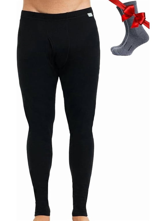 Merino.tech Men's Lightweight Merino Wool Long Underwear Pants with Socks, Black, Size XL