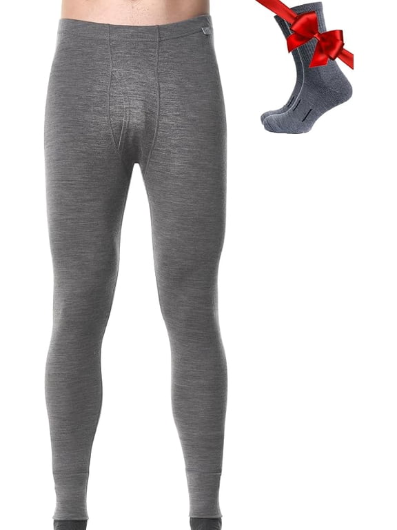 Merino.tech Men's Long Underwear Pants - 𝗧𝗵𝗲𝗿𝗺𝗮𝗹 Merino Wool Bottoms & Merino Sox Included, Gray Heather - S