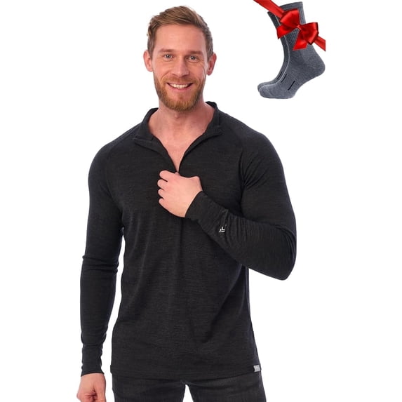 Merino.tech Men’s 100% Merino Wool Half Zip Sweater 𝗦𝗼𝗳𝘁 Breathable Lightweight Base Layer Top and Hiking Socks Bundle (XXX-Large, 165 Charcoal Grey)