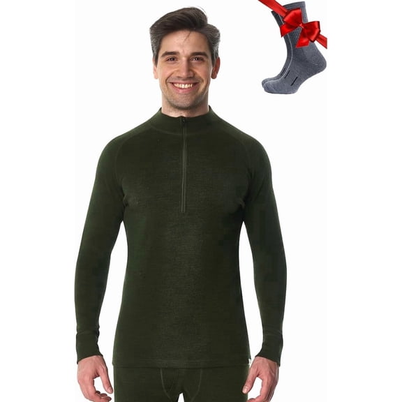 Merino Wool Base Layer Mens - Wool Half Zip Sweater Men - Merino Quarter Zip Sweater Lite, Midweight, Heavyweight and Socks (Large, 320 Army Green)
