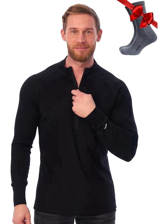 Merino.tech Men's Merino Wool Quarter Zip Base Layer with Socks, Black, Size M