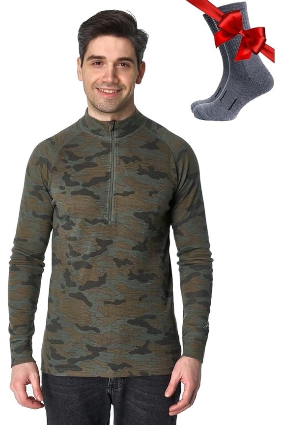Merino.tech Men's Merino Wool Quarter Zip Base Layer with Socks, Camo, Size M