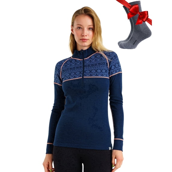 Merino.tech Women's Merino Wool Half Zip Base Layer with Socks, Nordic Tale Berry, Size XL