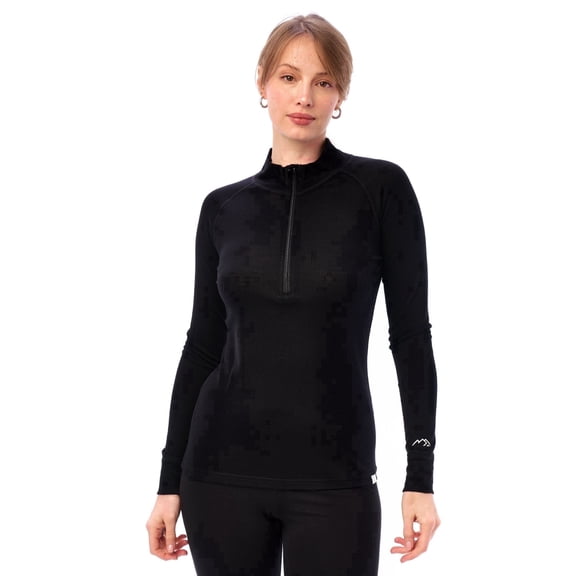 Merino.tech Women’s 100% Merino Wool Base Layer Half Zip Top - Lightweight 165 g/m² Thermal Long Sleeve with Bonus Hiking Socks (Large, 165 Black)
