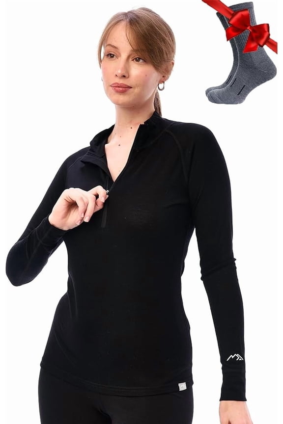 Merino.tech Women's Merino Wool Half Zip Base Layer with Socks, Black, Size L