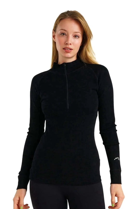 Merino.tech Women’s 100% Merino Wool Base Layer Half Zip Top - Midweight 250 g/m² Thermal Long Sleeve with Bonus Hiking Socks (Large, 250 Black)