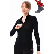 Merino.tech Womens Merino Wool Half Zip Base Layer with Socks, Black, Size M