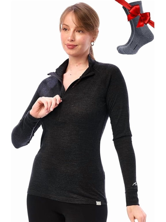 Merino.tech Women's Merino Wool Half Zip Base Layer with Socks, Charcoal Gray, Size M