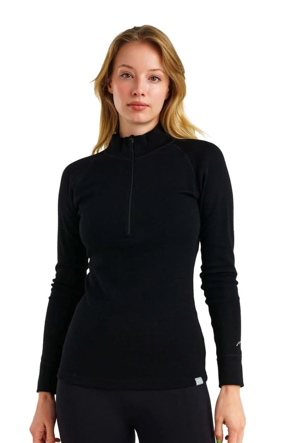 Merino Wool Base Layer Women - 100% Merino Half Zip Sweater Women Lite, Midweight, Heavyweight Thermal Shirts and Socks (Medium, 320 Black)