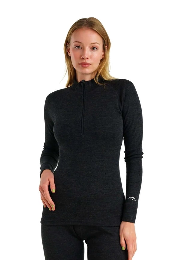 Merino Wool Base Layer Women - 100% Merino Half Zip Sweater Women Lite, Midweight, Heavyweight Thermal Shirts and Socks (Small, 320 Charcoal Grey)