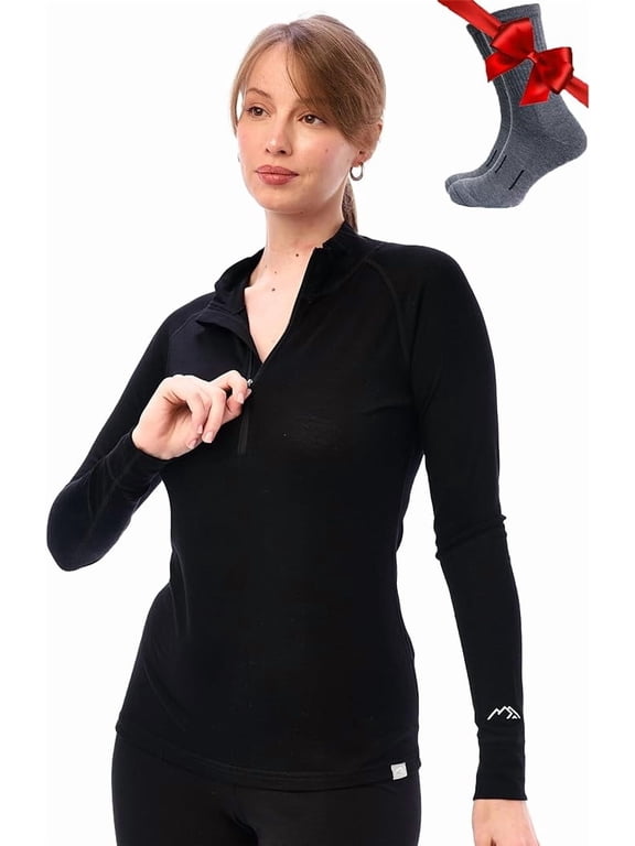 Merino.tech Women's Merino Wool Half Zip Base Layer with Socks, Black, Size XL