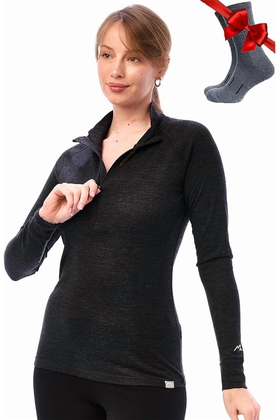 𝗠𝗲𝗿𝗶𝗻𝗼.𝘁𝗲𝗰𝗵 Women’s 100% Merino Wool Heavyweight Base Layer Half Zip Top Thermal Long Sleeve with Hiking Socks (X-Large, 320 Charcoal Grey)