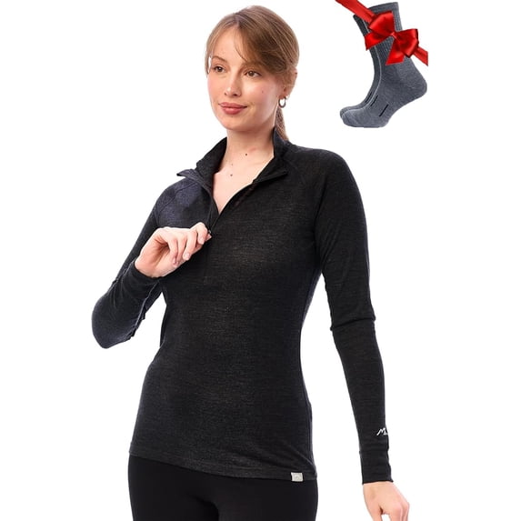 𝗠𝗲𝗿𝗶𝗻𝗼.𝘁𝗲𝗰𝗵 Women’s 100% Merino Wool Heavyweight Base Layer Half Zip Top Thermal Long Sleeve with Hiking Socks (X-Small, 320 Charcoal Grey)