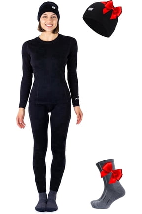 Merino.tech Women's Midweight Merino Wool Base Layer Set with Socks and Beanie, Black, Size S