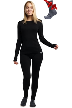Merino.tech Womens 100% Merino Wool Midweight Thermal Top and Bottom with Hiking Socks