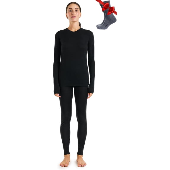 Merino.tech Womenโs 100% Merino Wool Lightweight ๐๐ฎ๐๐ฒ ๐๐ฎ๐๐ฒ๐ฟ ๐ฆ๐ฒ๐ Thermal Top and Bottom with Hiking Socks