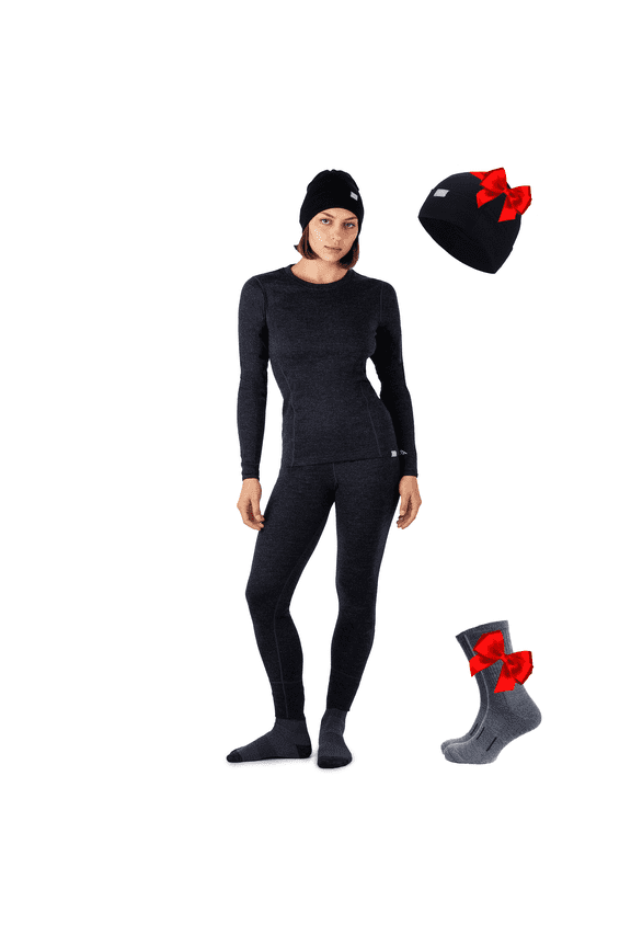 Merino.tech Women’s 100% Merino Wool Midweight Base Layer Top and Bottom 𝗕𝘂𝗻𝗱𝗹𝗲 with Hiking Socks and Beanie