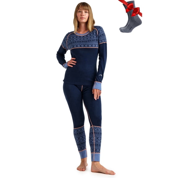 Merino.tech Women’s 100% Merino Wool Midweight Base Layer Top and Bottom 𝗕𝘂𝗻𝗱𝗹𝗲 with Hiking Socks and Beanie