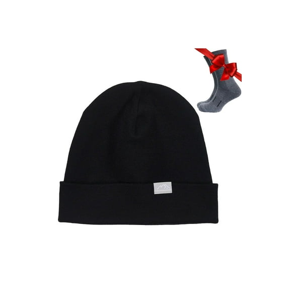 Merino Wool Beanie Men and Women – Cuff Merino Wool Hats For Men And Women - Unisex Adult Beanie Hat and Socks (Black, Small-Medium)