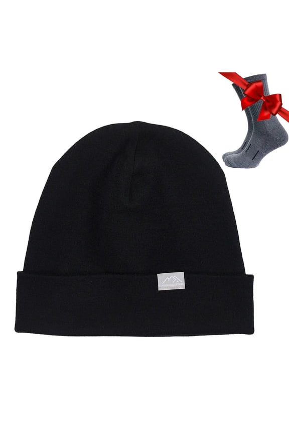 Merino Wool Beanie Men and Women – Cuff Merino Wool Hats For Men And Women - Unisex Adult Beanie Hat and Socks (Black, Small-Medium)