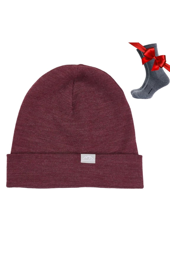 Merino Wool Beanie Men and Women – Cuff Merino Wool Hats For Men And Women - Unisex Adult Beanie Hat and Socks (Burgundy, Small-Medium)