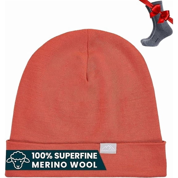 Merino.tech Unisex Merino Wool Cuff Beanie with Socks, Rusty Orange