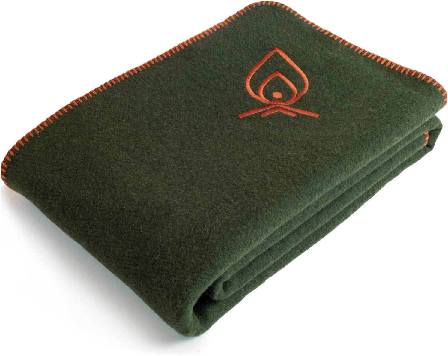 Army Green Merino Wool Camping Blanket with Double-Stitched Edging