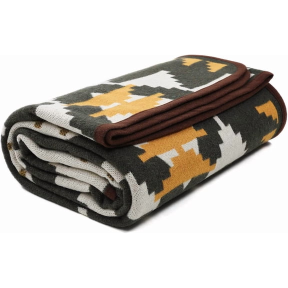 Merino Wool Blend Blanket Throw  Soft Warm Thick All-Weather Aztec Style Indian Green 51" x 63"