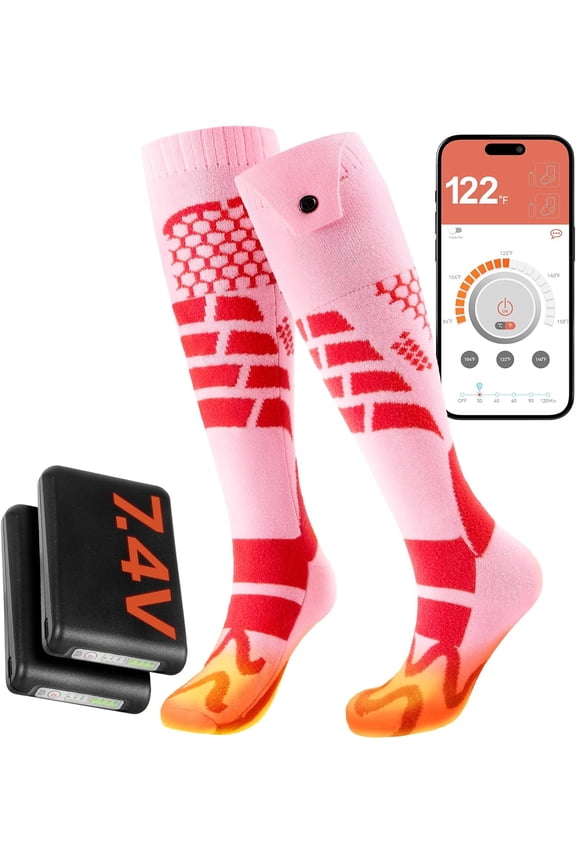 Merino Wool Heated Socks, 7.4V Recharable Battery Up to 10-Hour, APP-Controlled Electric Ski Socks for Men Women, Snowboarding, Hunting, Camping