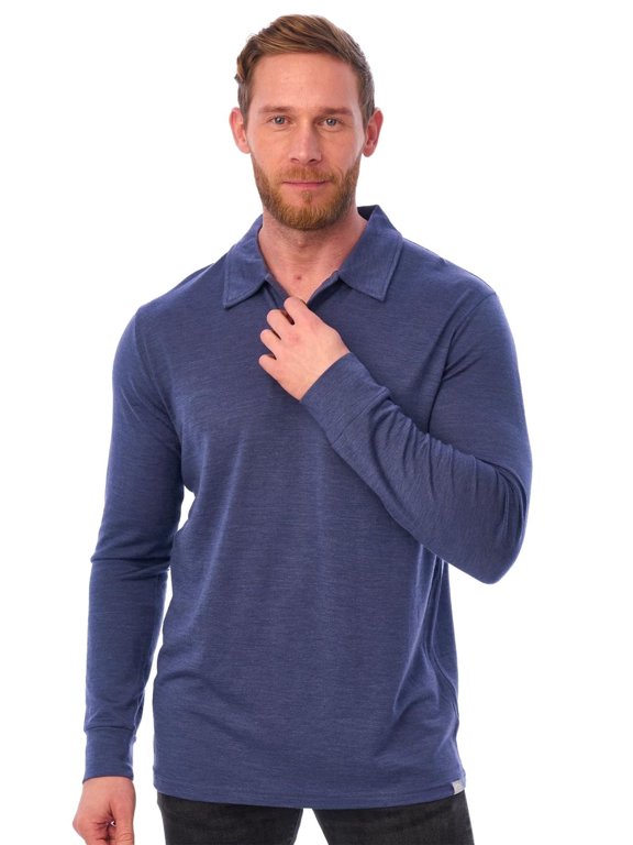 Merino.tech Men's Merino Wool Long Sleeve Polo Shirt, Gray Blue, Size S