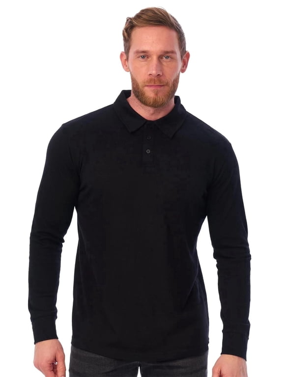 Merino.tech Men's Merino Wool Long Sleeve Polo Shirt, Black, Size L