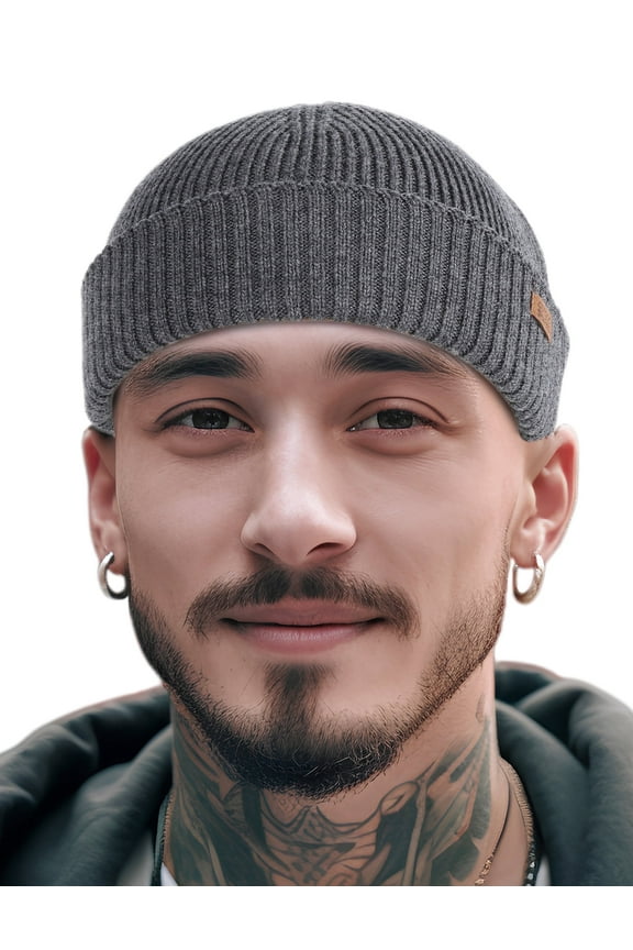 Merino Wool Short Fisherman Beanies for Men Women, Knit Cuff Trawler Beanie Cap, Winter Warm Daily Hat