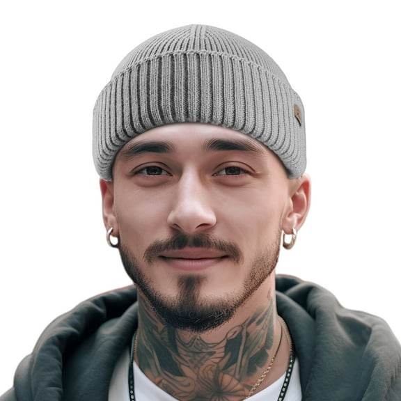 Merino Wool Short Fisherman Beanies for Men Women, Knit Cuff Trawler Beanie Cap, Winter Warm Daily Hat