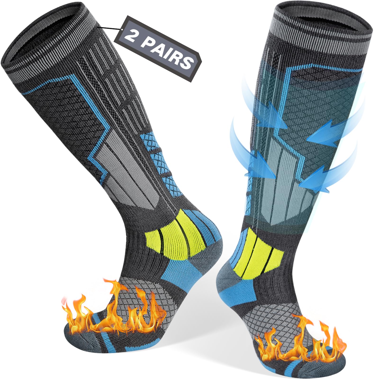 Merino Wool Ski Socks 2Pack, Compression Knee High Thermal Socks Womens Mens for Skiing