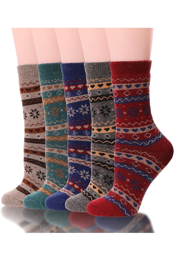 Merino Wool Socks Thermal Warm Winter Thick Hiking Boot Cozy Crew Cabin Comfy for Womens Ladies Work Socks 5 Pack