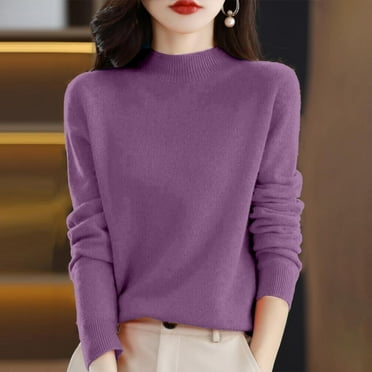 Merino Wool Sweaters for Women Long Sleeve Mock Neck Loose Pullover Tops Soft Warm Cozy Lightweight Wool Knit Sweater Dark Purple L