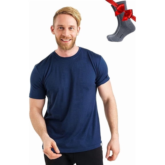 Merino.tech Men's Merino Wool Short Sleeve T-Shirt with Socks, Navy, Size M