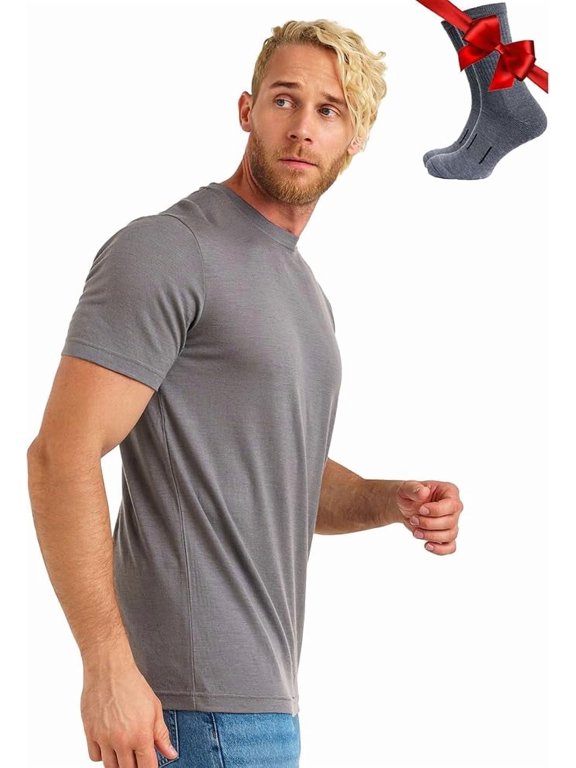 Merino.tech Men's Merino Wool Short Sleeve T-Shirt with Socks, Perfect Gray, Size L